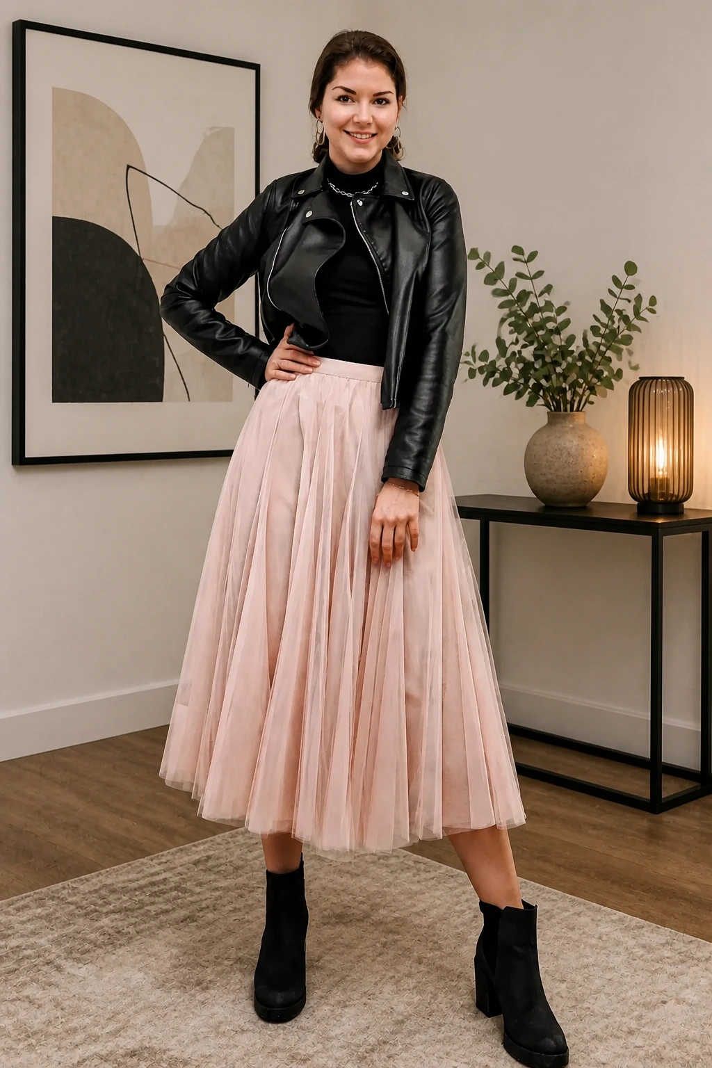 3- Blush Tulle Skirt with Black Leather