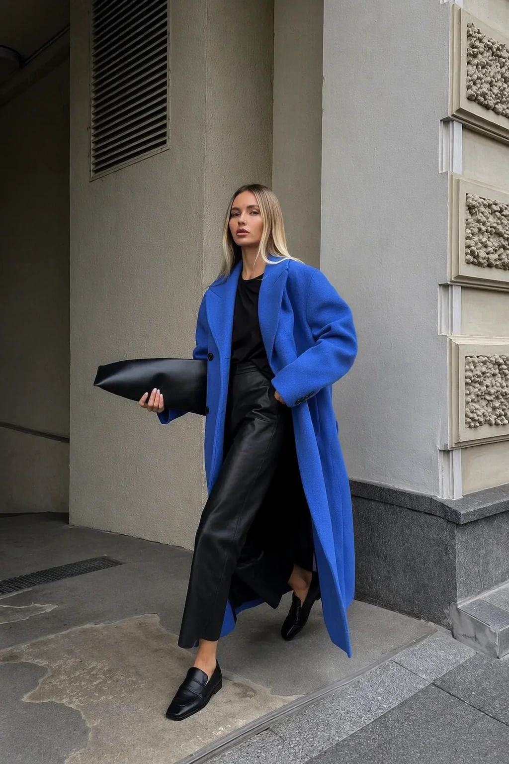 11- Bright Blue Coat and Leather Wide-Leg Pants