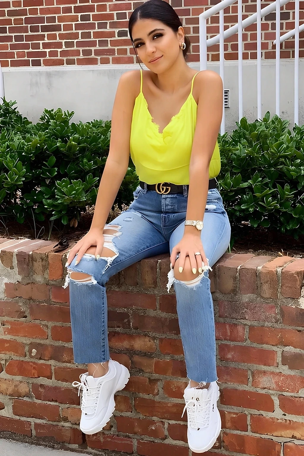 Bright Yellow Cami Top + Ripped High-Waisted Jeans + White Chunky Sneakers