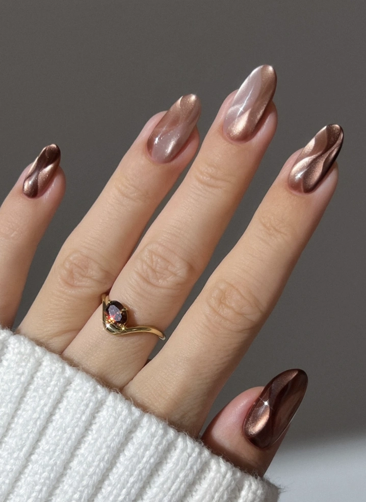Bronze Cat Eye Almond Nails with 3D Wave Accents