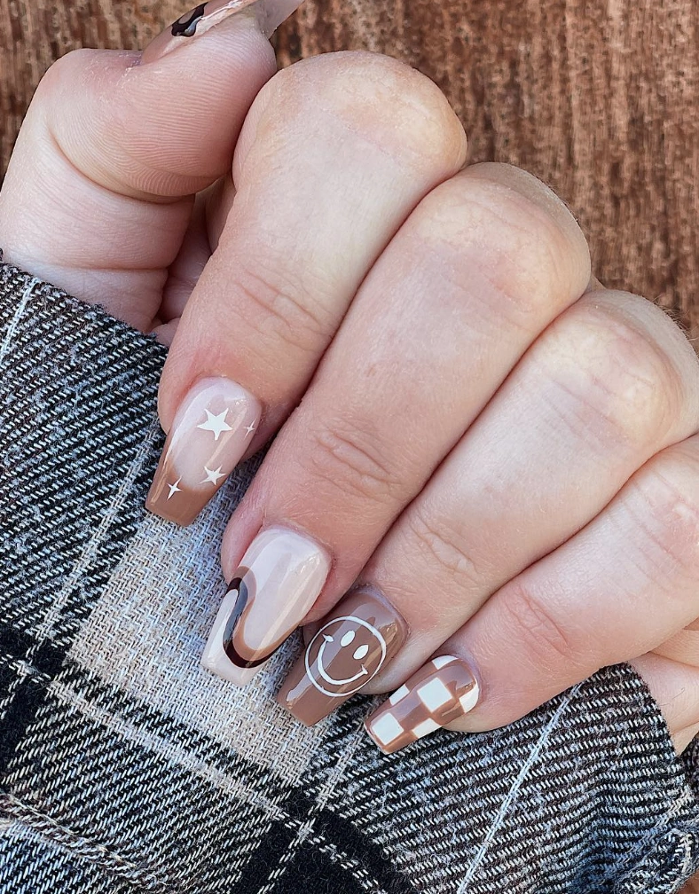 Brown, Beige, and Checkered Pattern Acrylic Nails