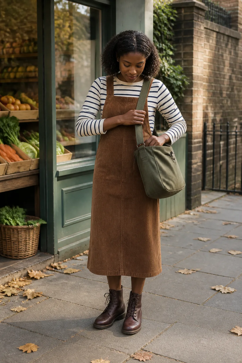 Brown Corduroy Pinafore, Breton Top and Lace-Up Boots