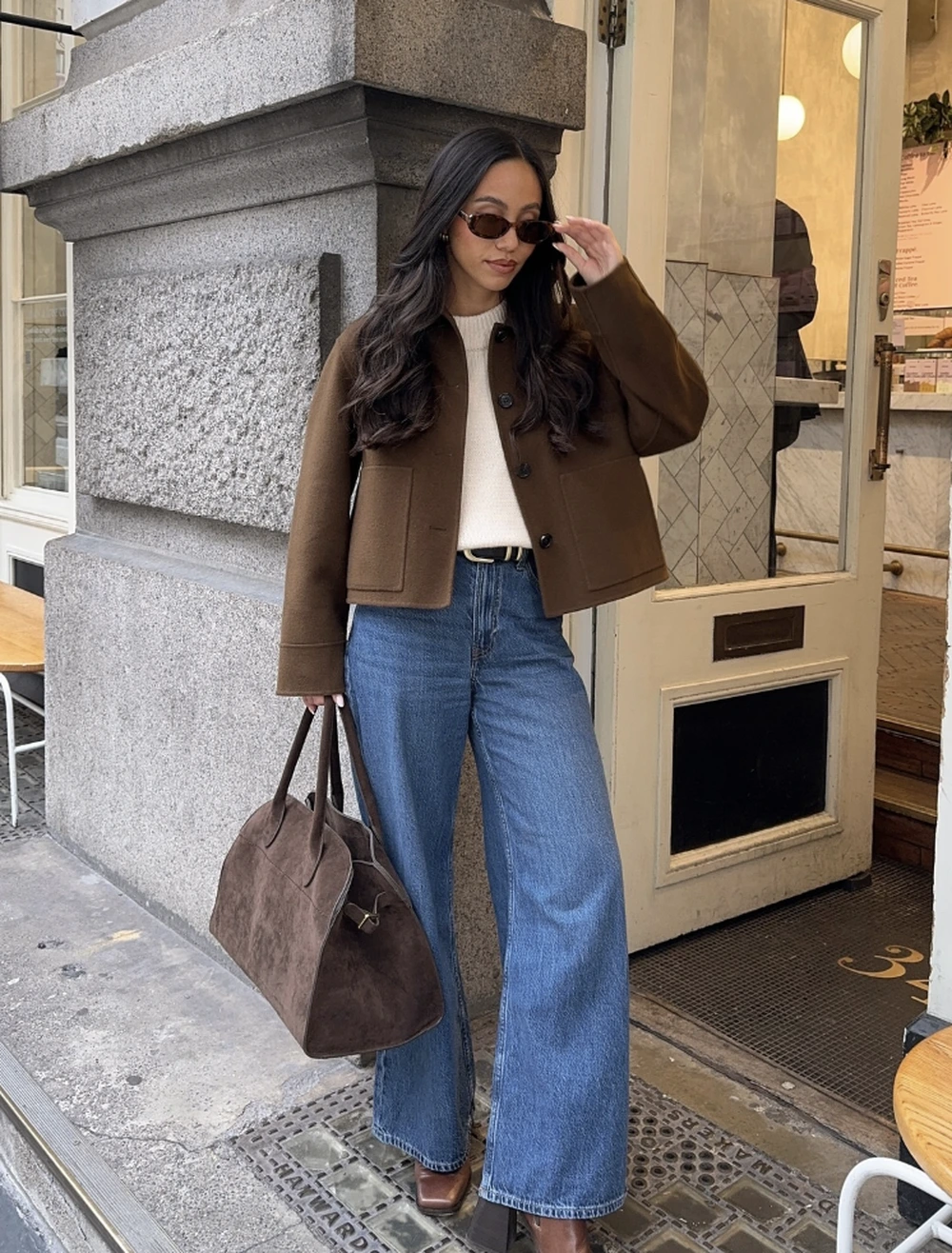 Brown Crop Jacket + White Knit Top + Wide-Leg Jeans