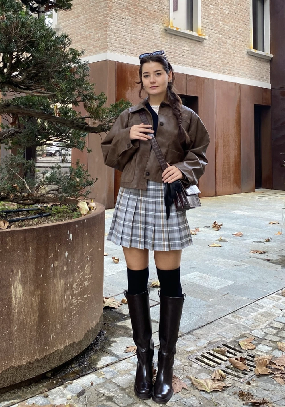 Brown Cropped Jacket + Plaid Mini Skirt + Knee-High Boots