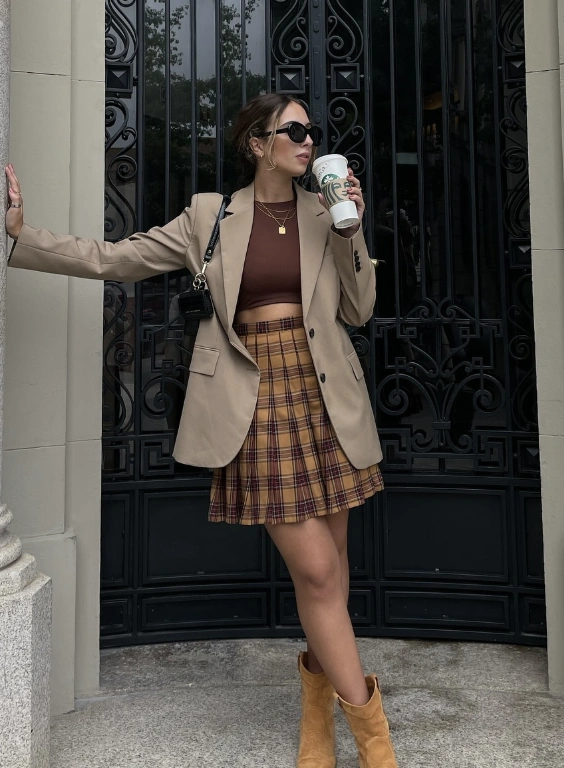 Brown Cropped Top + Beige Oversized Blazer + Plaid Mini Skirt + Tan Ankle Boots