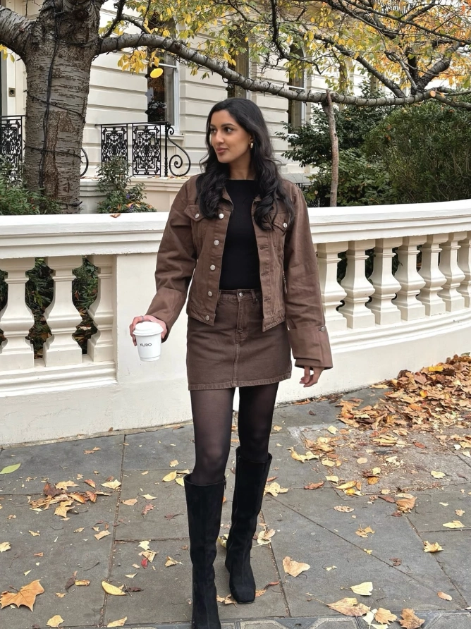 Brown Denim Jacket + Mini Skirt + Black Knee High Boots