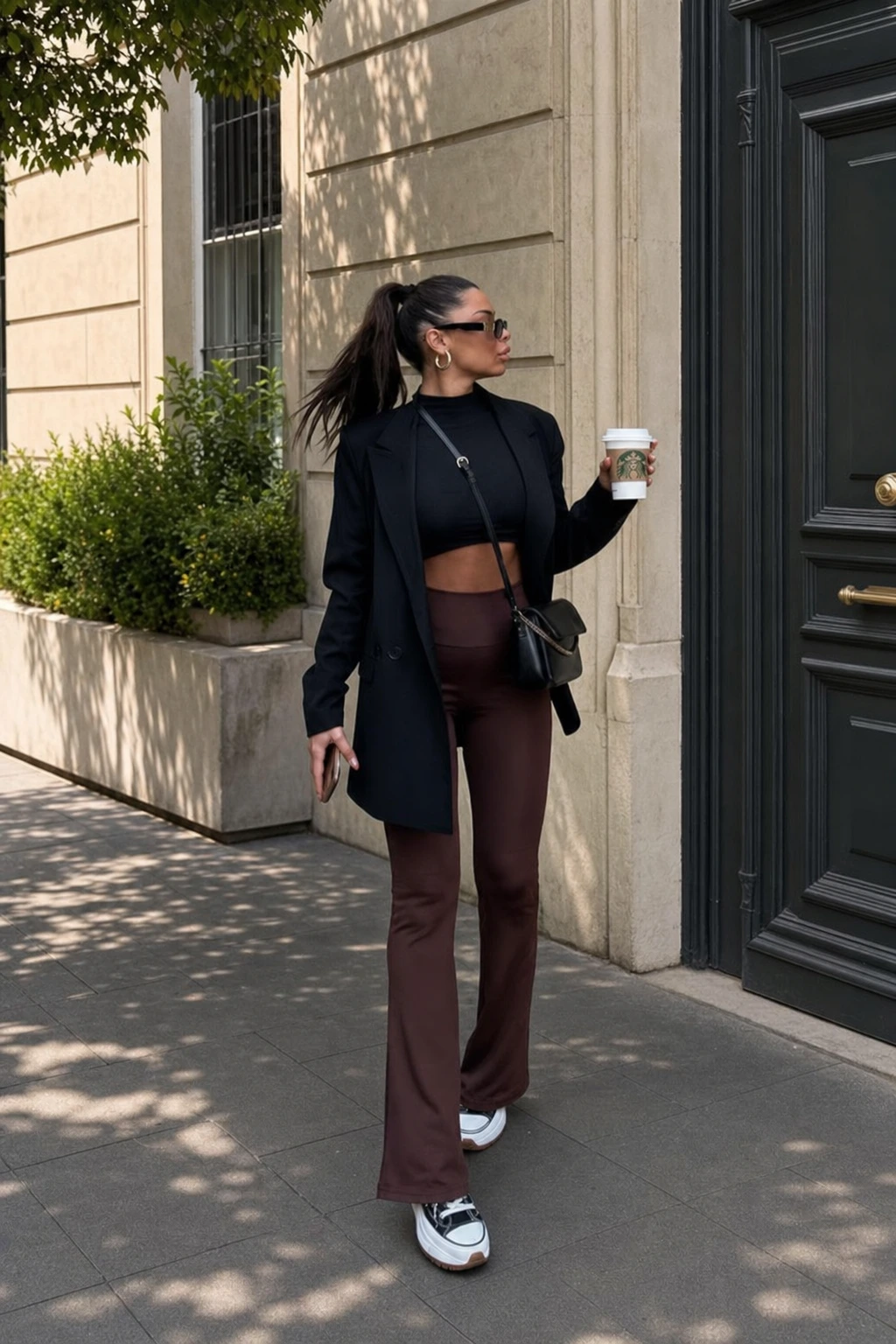 8- Brown Flared Leggings with an Oversized Blazer