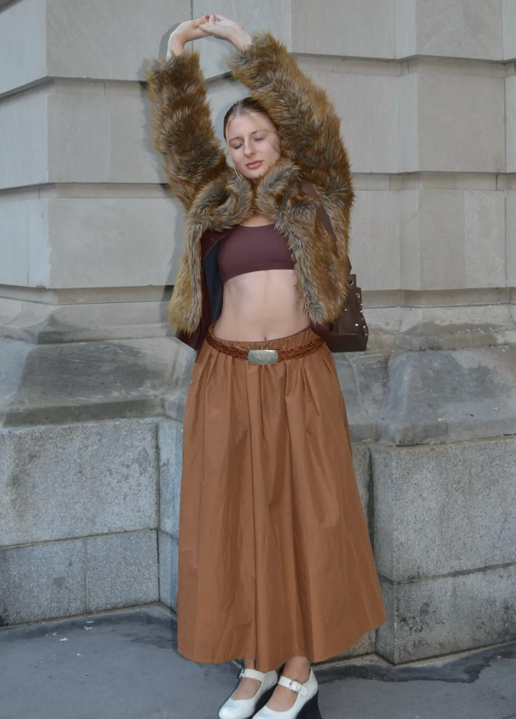 Brown Fur Jacket + Mauve Crop Top + Rust Maxi Skirt + White Mary Jane Flats