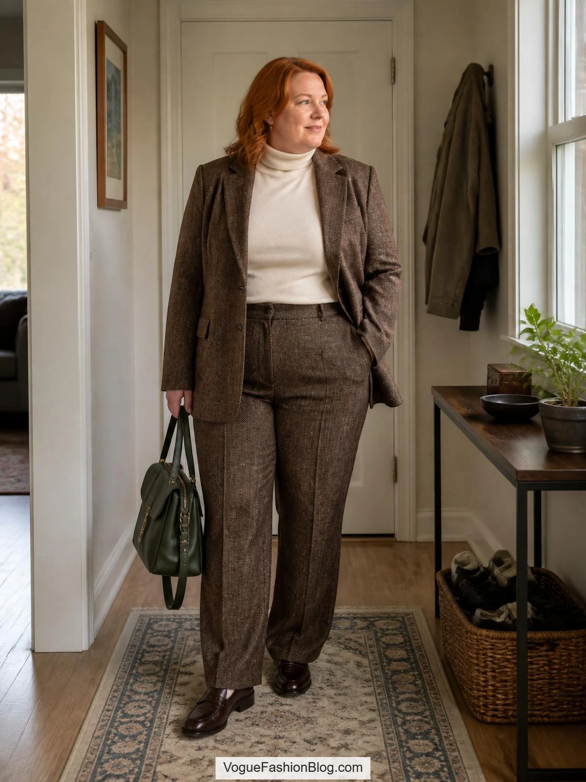 Plus size fall outfits feature a late-forties woman in a brown herringbone suit, cream turtleneck, loafers, and green satchel