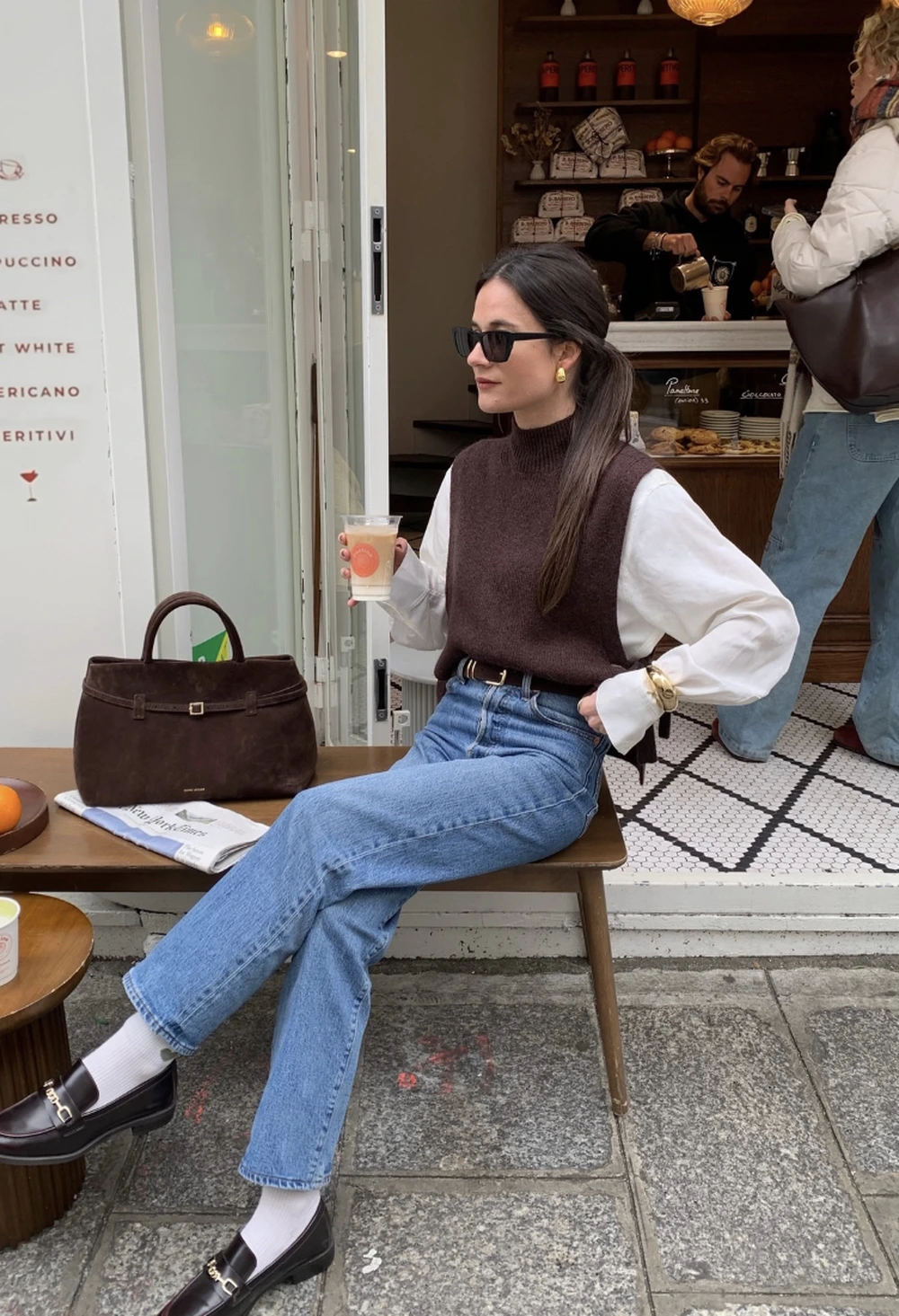 Brown Knit Vest + White Button-Down Shirt + Straight-Leg Jeans