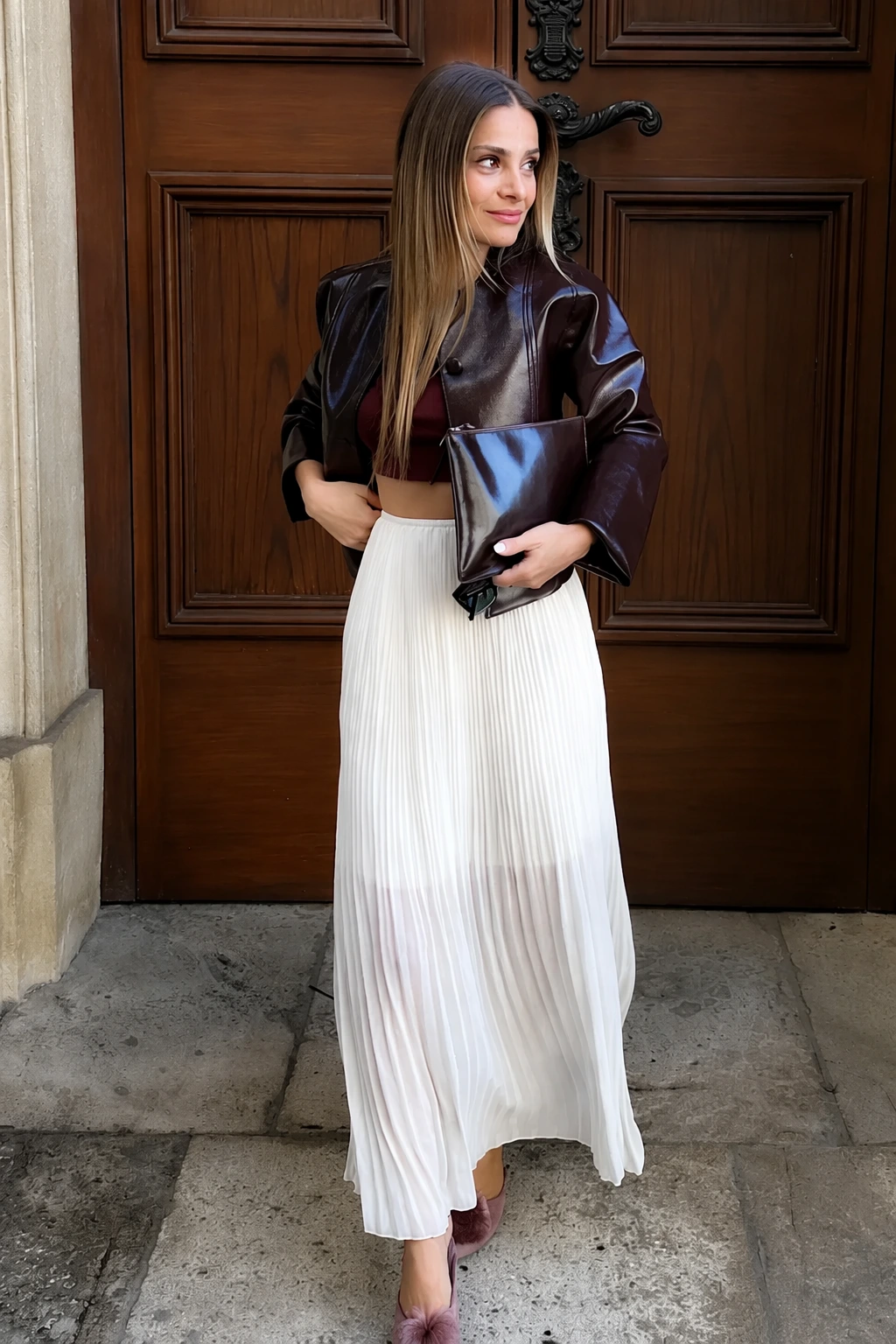 Brown Leather Cropped Jacket + Burgundy Crop Top + Pleated White Maxi Skirt + Blush Pink Heels