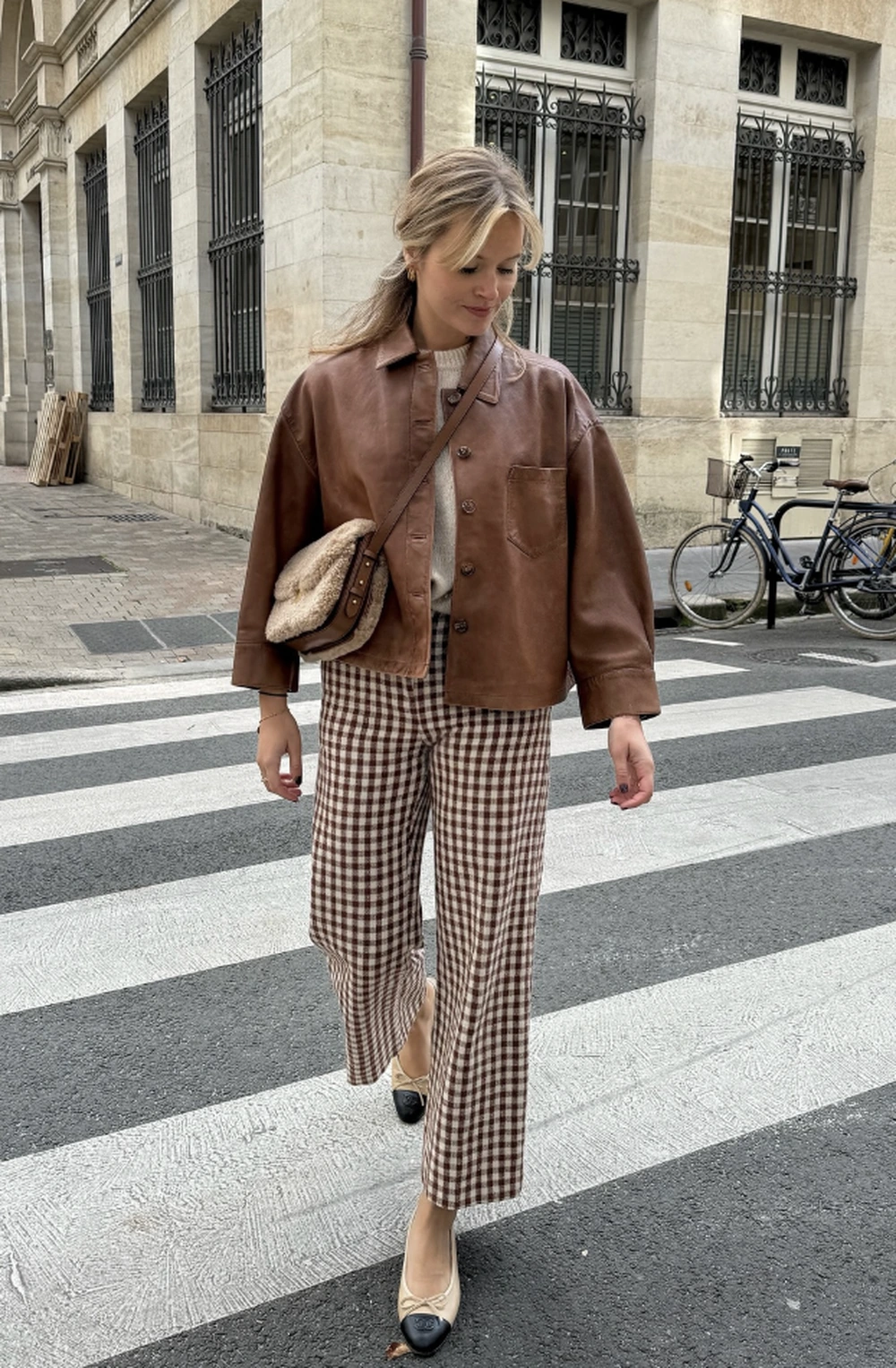 Brown Leather Jacket + Gingham Pants + Two-Tone Flats