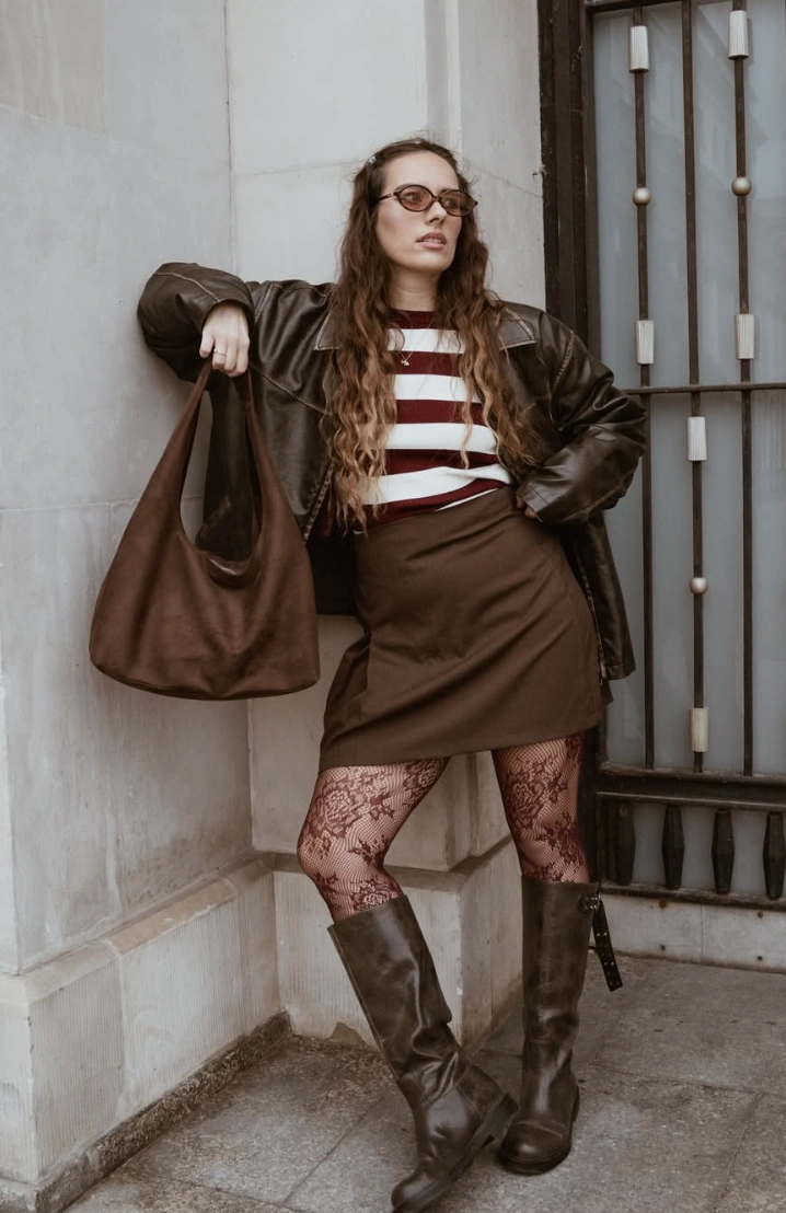 Brown Leather Jacket + Red White Striped Sweater + Brown Mini Skirt + Brown Knee High Boots