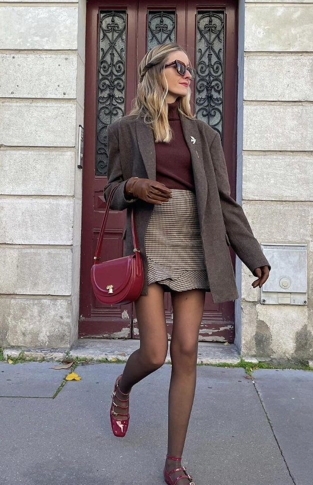 Brown Oversized Blazer + Burgundy Turtleneck + Houndstooth Mini Skirt + Maroon Heeled Mary Janes