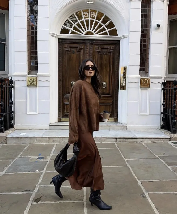 Brown Oversized Sweater + Brown Midi Skirt + Black Ankle Boots