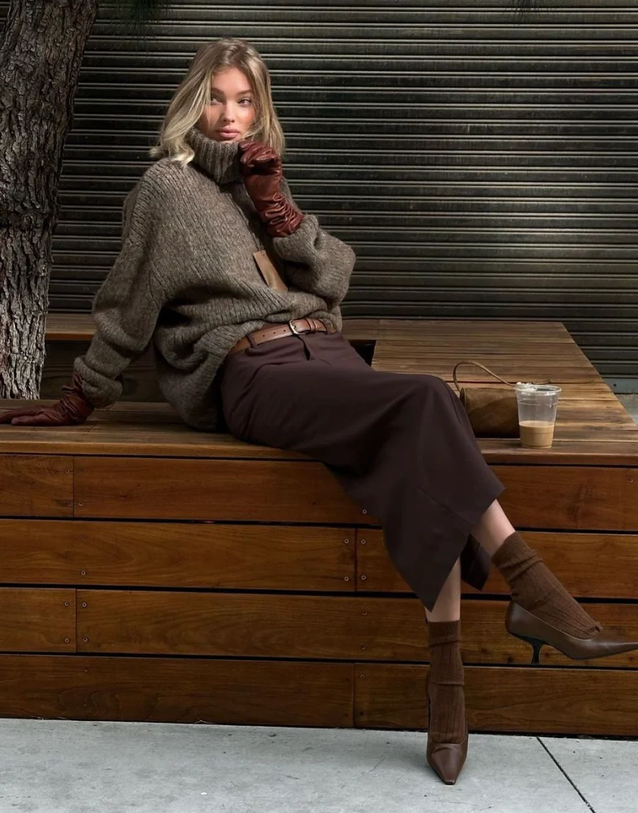 Brown Oversized Turtleneck Sweater + Dark Brown Midi Skirt + Brown Leather Gloves + Brown Pointed-Toe Ankle Boots
