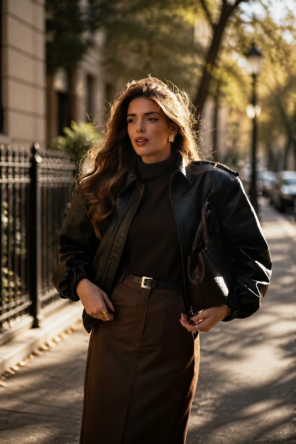 1- Brown Pencil Skirt and Leather Bomber