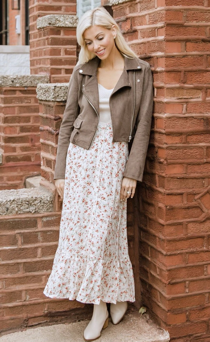 Brown Suede Biker Jacket + Cream Knit Top + Floral Maxi Skirt + Beige Ankle Boots