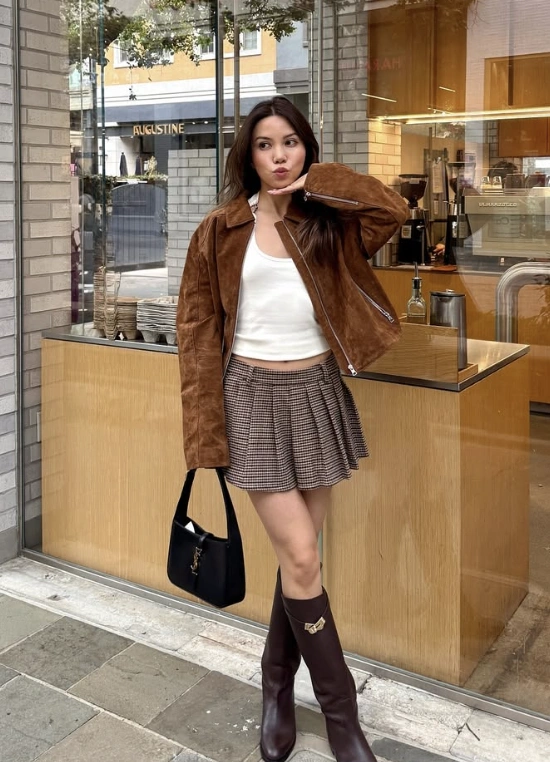 Brown Suede Jacket + White Tank Top + Brown Plaid Pleated Mini Skirt + Brown Knee-High Boots
