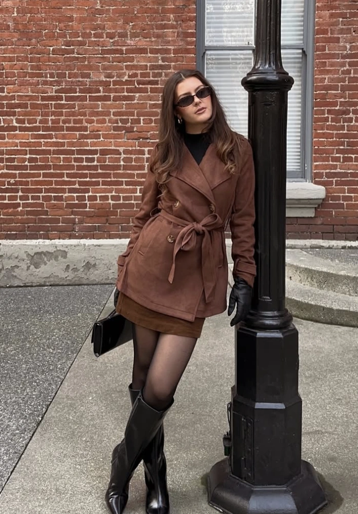 Brown Suede Trench Coat + Brown Mini Skirt + Black Turtleneck Top + Black Knee-High Boots + Black Leather Gloves