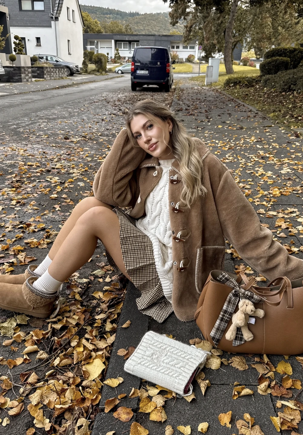 Brown Toggle Coat + White Cable-Knit Sweater + Plaid Mini Skirt