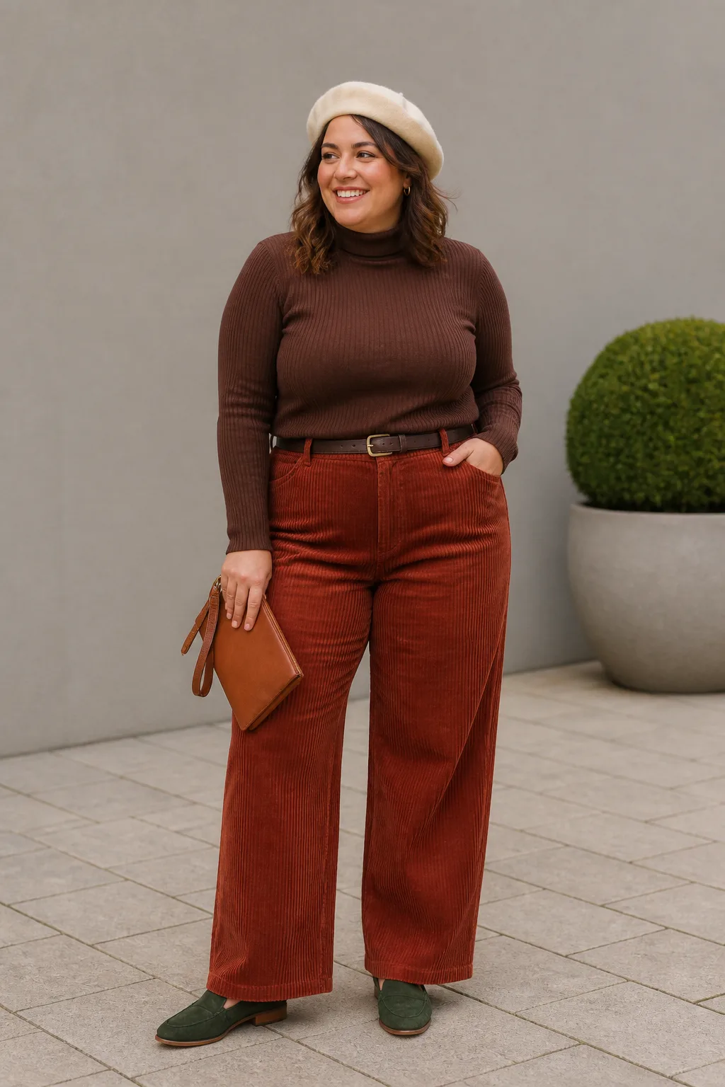 Brown Turtleneck with Rust Corduroy Trousers