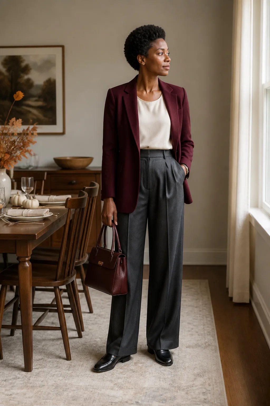 Burgundy Blazer with Charcoal Trousers