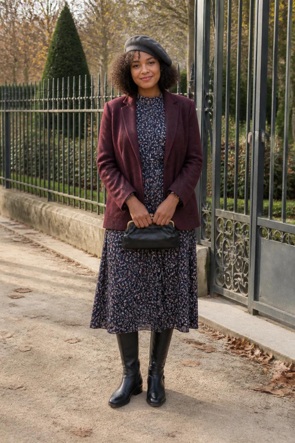 Burgundy Blazer with Floral Dress and Tall Boots