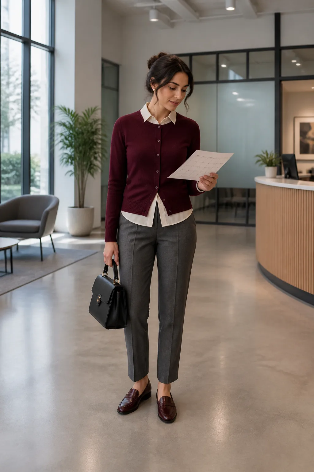 Burgundy Cardigan with Gray Flannel Trousers