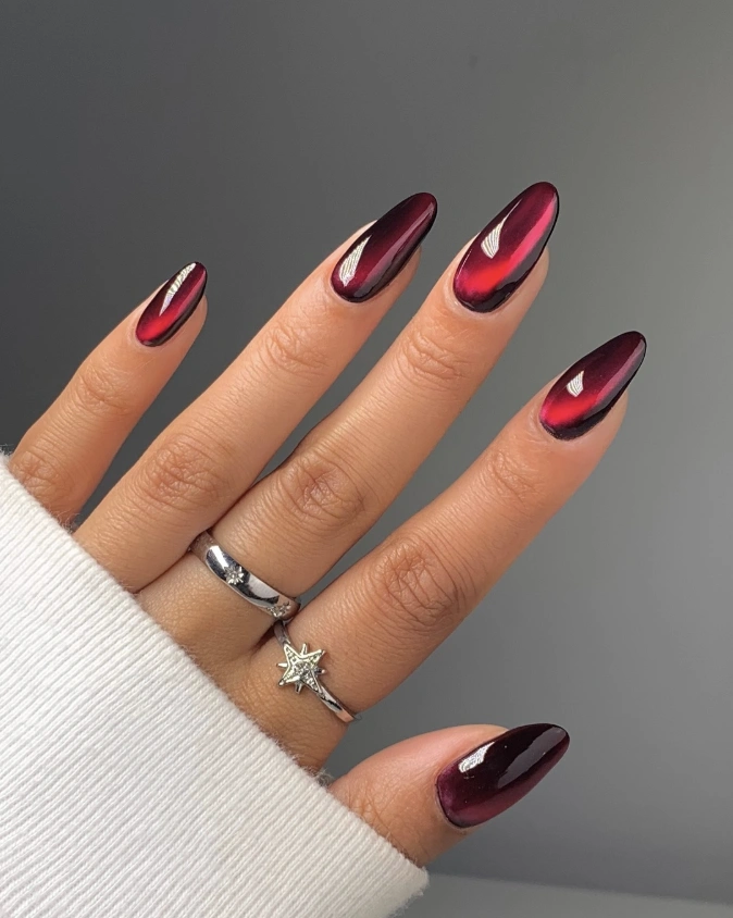 Burgundy Cat-Eye Almond Nails