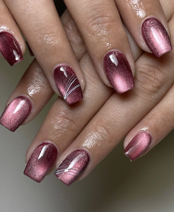 Burgundy Cat-Eye Nails with Silver Line Detail