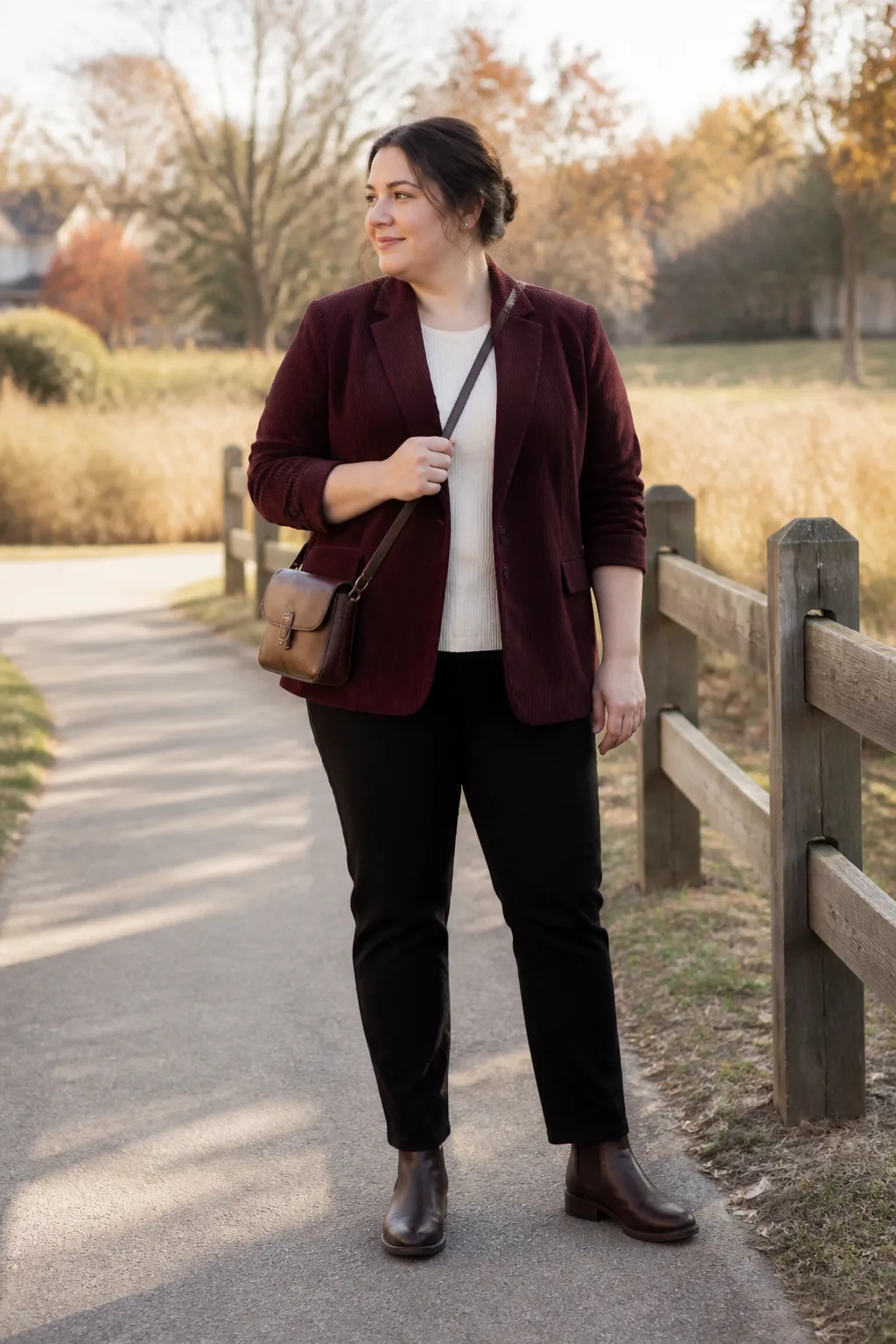 Burgundy Corduroy Blazer with Black Ponte Pants