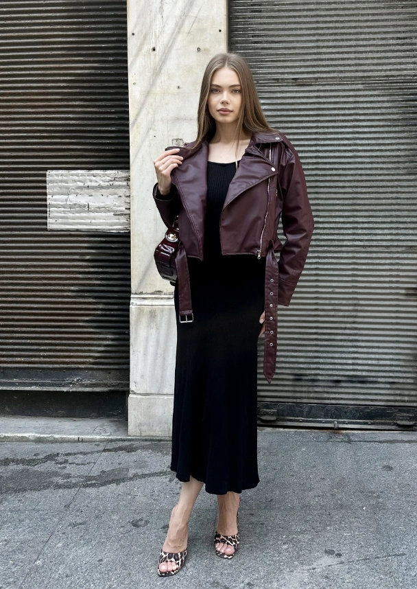 Burgundy Faux Leather Jacket + Black Ribbed Midi Dress + Animal Print Heels