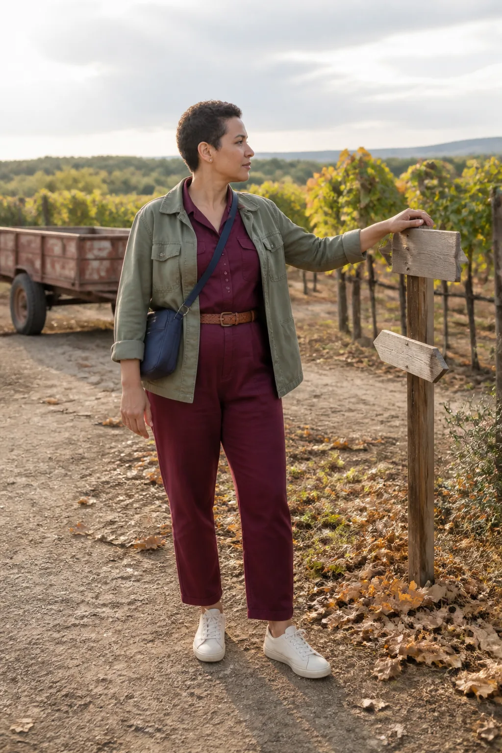 Burgundy Jumpsuit with Utility Jacket