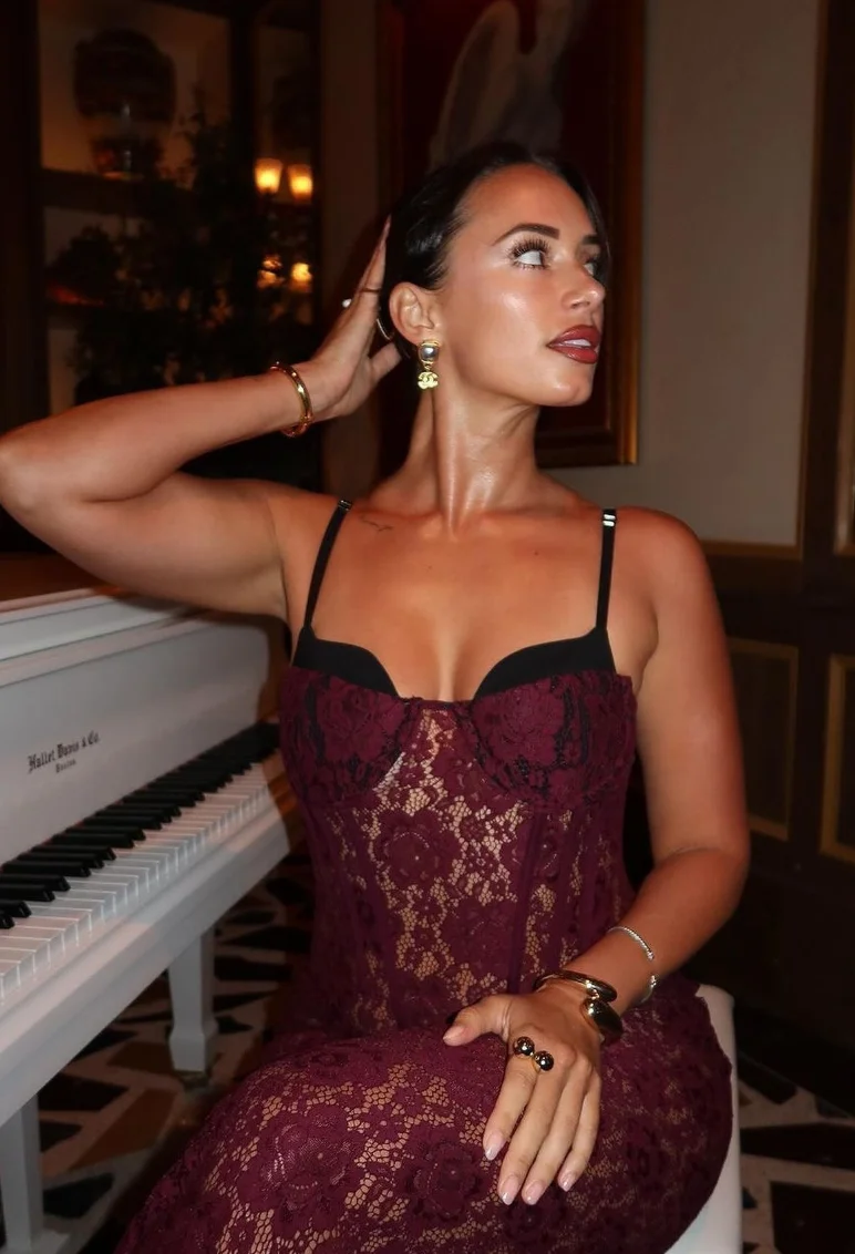 Burgundy Lace Dress + Gold Dangle Earrings + Gold Bracelets