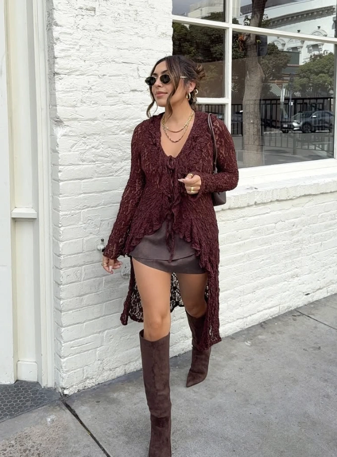 Burgundy Lace Duster Cardigan + Brown Mini Skirt + Brown Suede Knee High Boots + Layered Gold Necklace