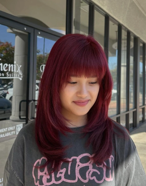 Burgundy Layered Lob with Blunt Bangs