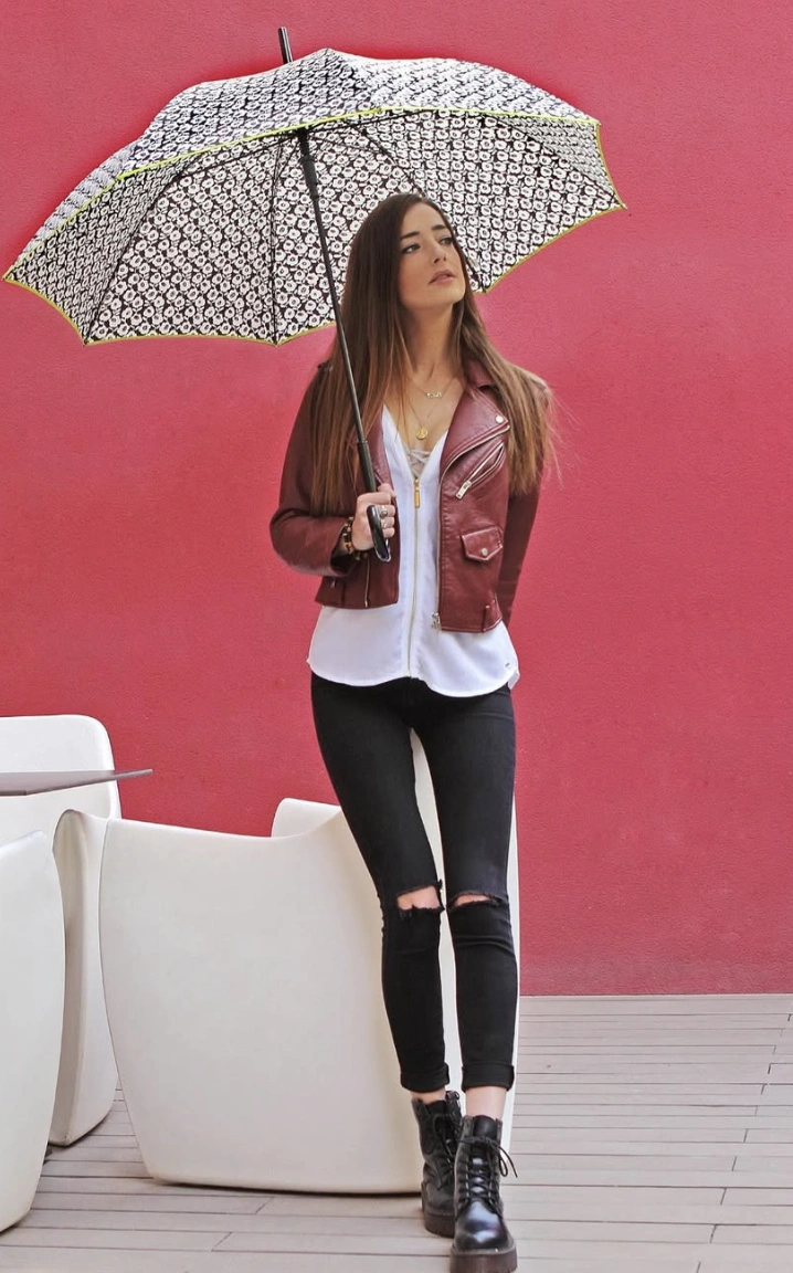 Burgundy Moto Jacket + White Blouse + Ripped Jeans + Combat Boots