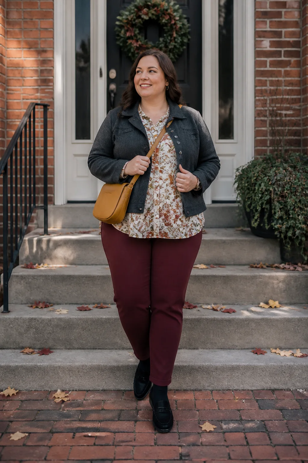Burgundy Ponte Pants with Floral Blouse