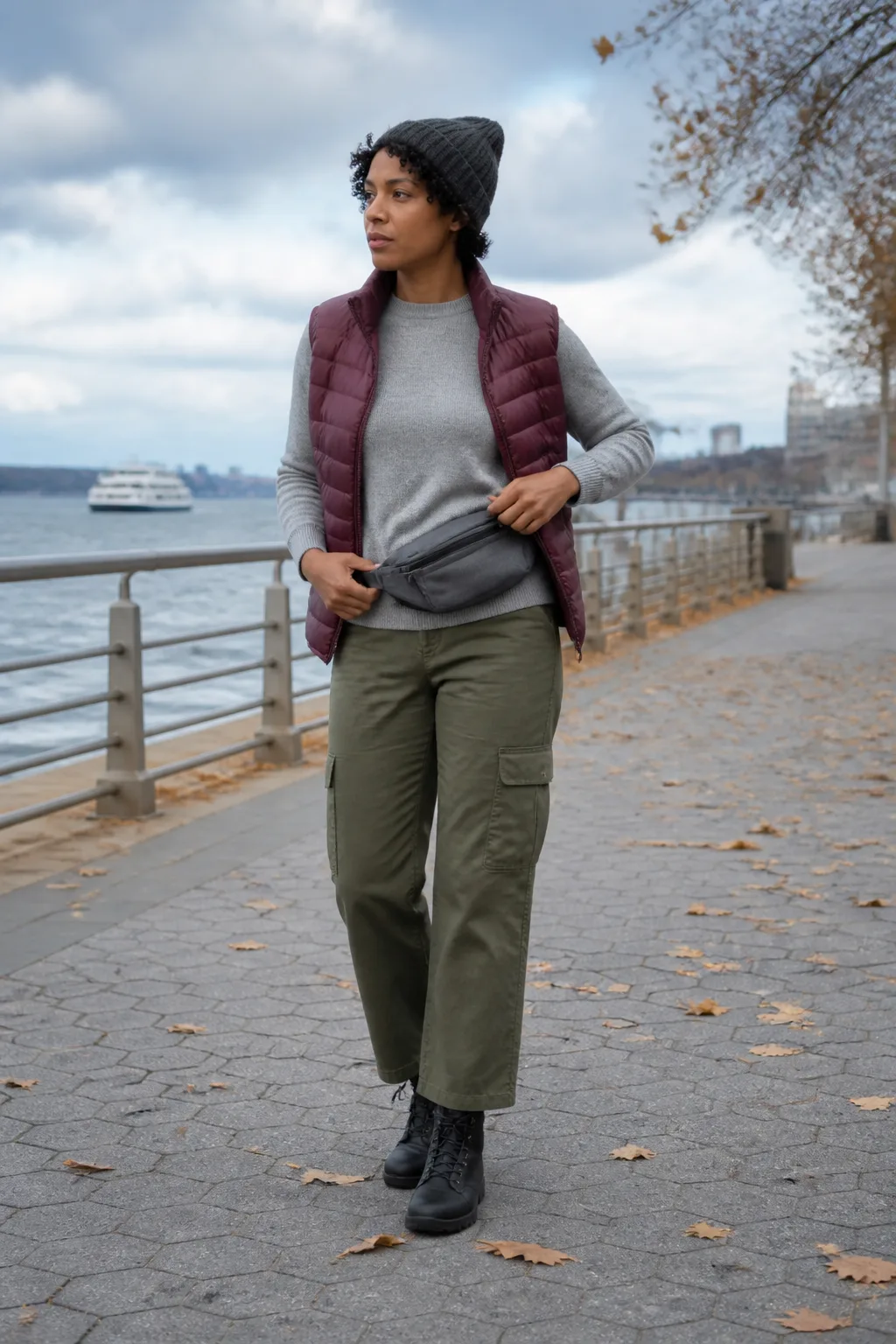 Burgundy Puffer Vest, Gray Sweater and Cargo Trousers