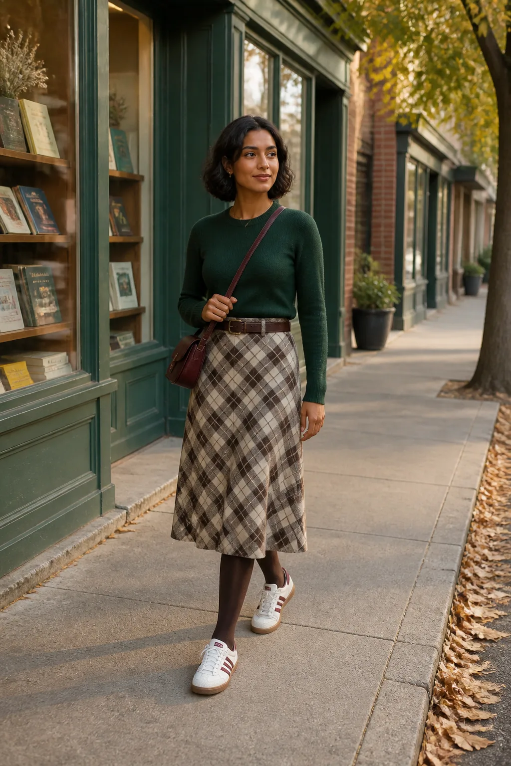 Burgundy Sambas with a Plaid Midi Skirt