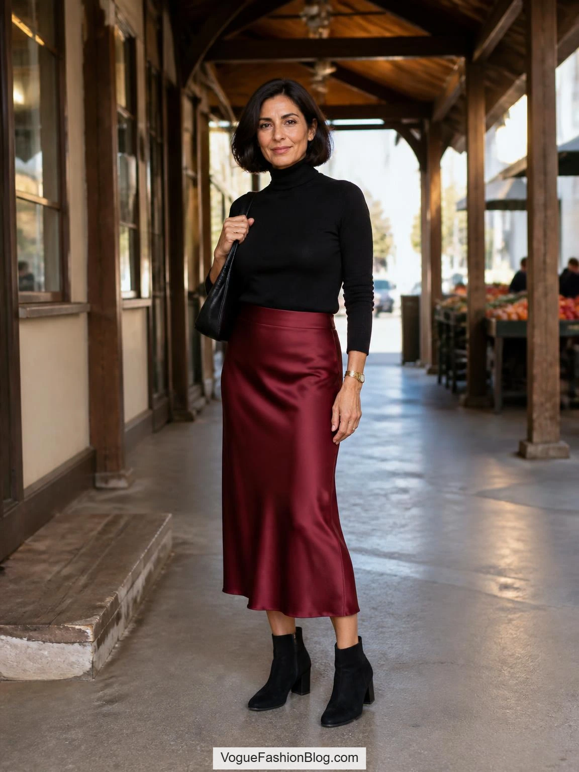 Red skirt outfit ideas with a burgundy satin bias midi skirt, black turtleneck, suede boots, and shoulder bag in a market walkway