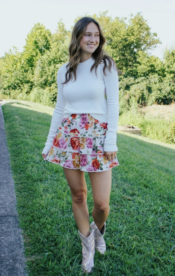 Burgundy Skirt Outfit Fall + Cozy White Sweater + Shiny Silver Ankle Boots