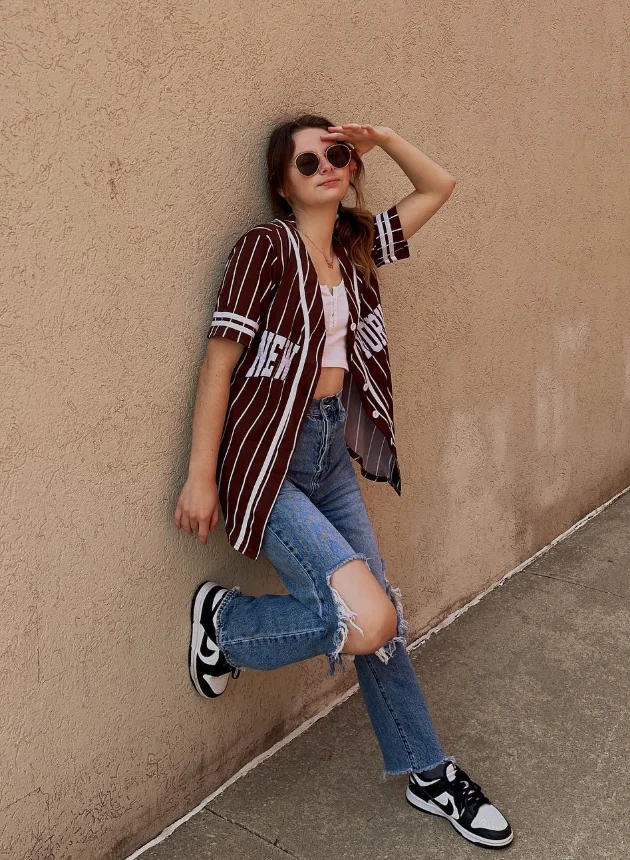 Burgundy Striped Oversized Shirt & Distressed Jeans
