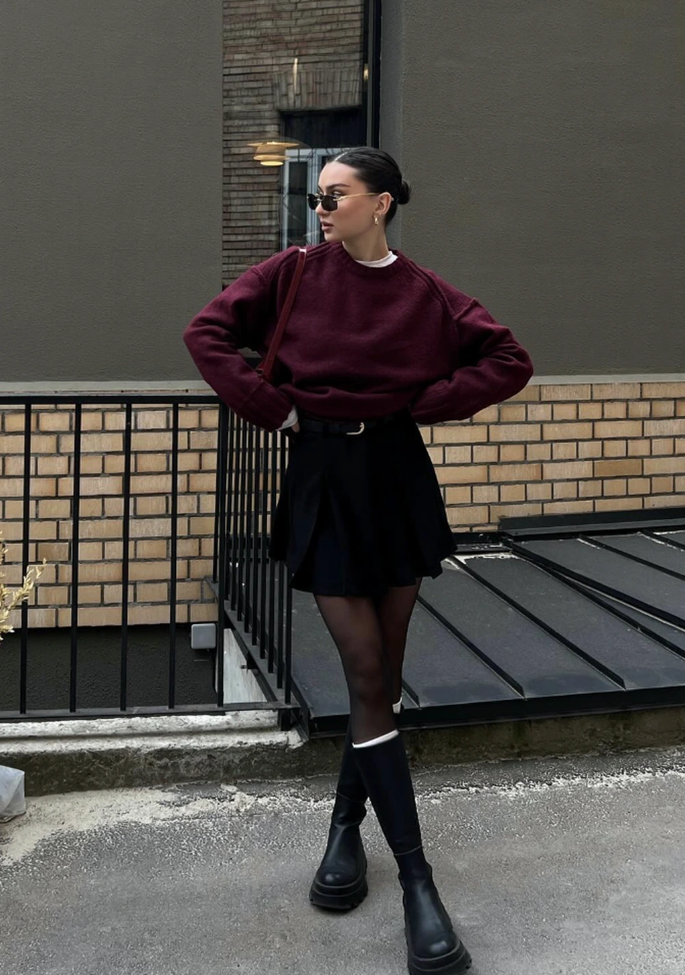 Burgundy Sweater + Black Mini Skirt + Knee-High Boots