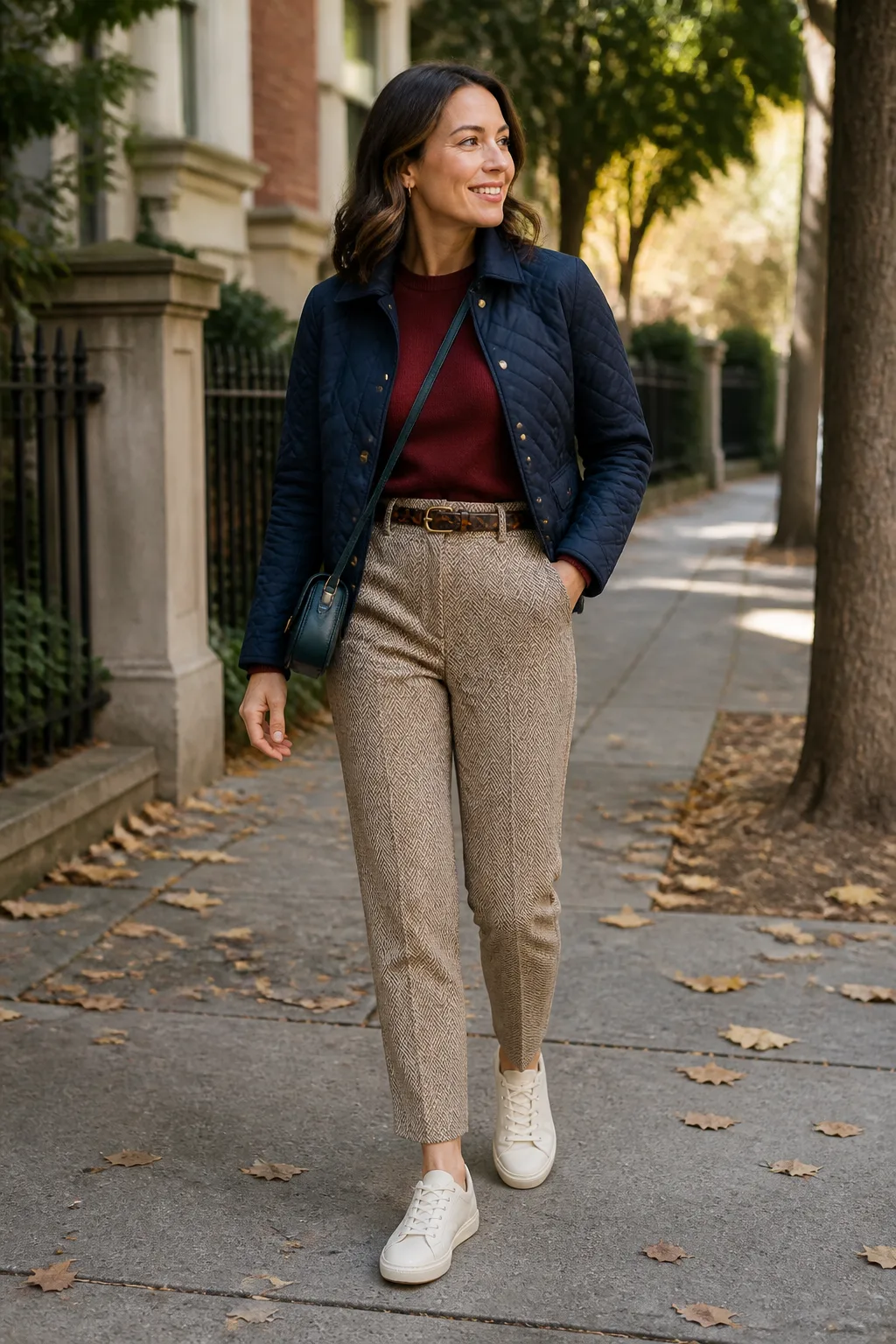 Burgundy Sweater with Tan Herringbone Pants