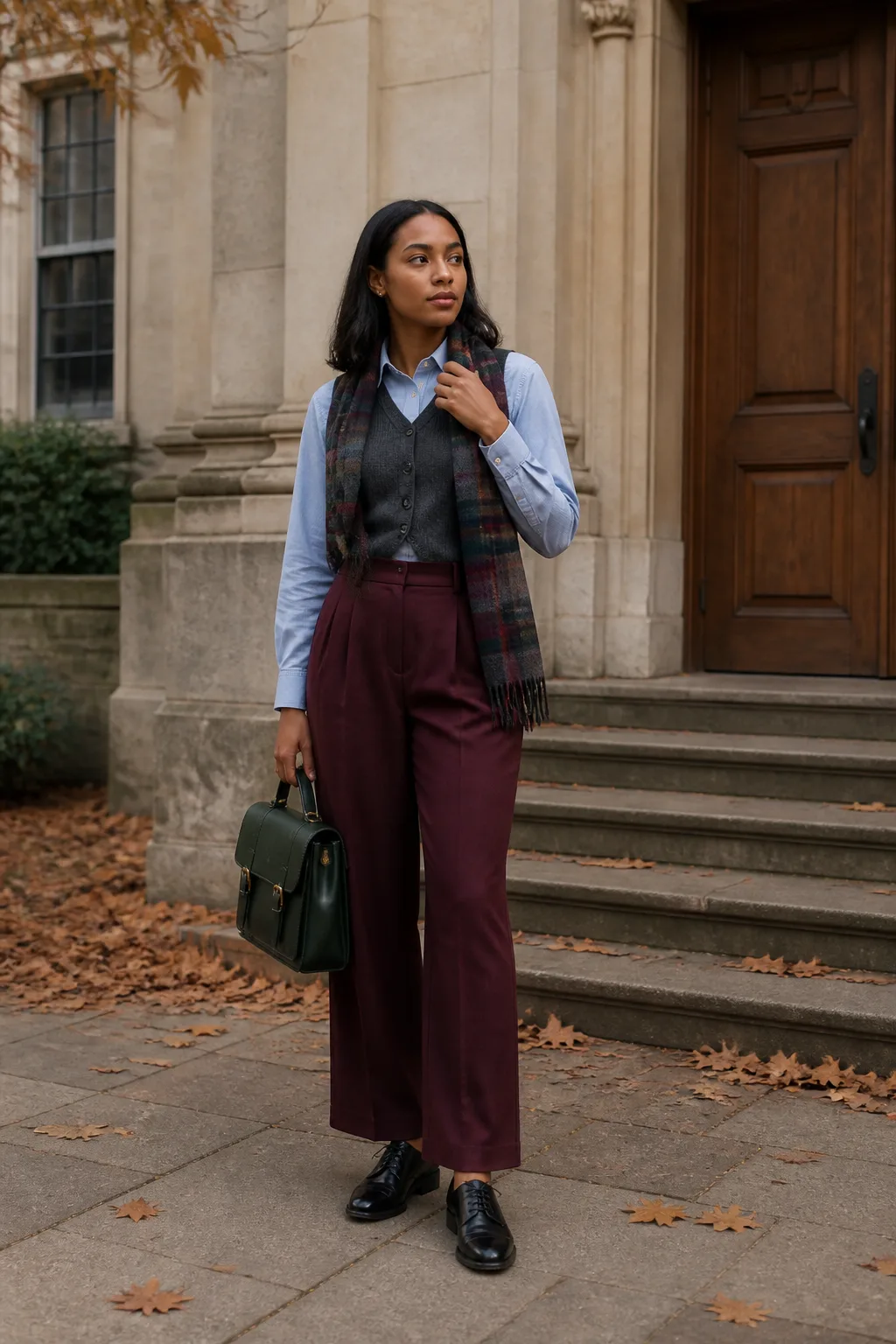 Burgundy Trousers, Sweater Vest and Oxfords