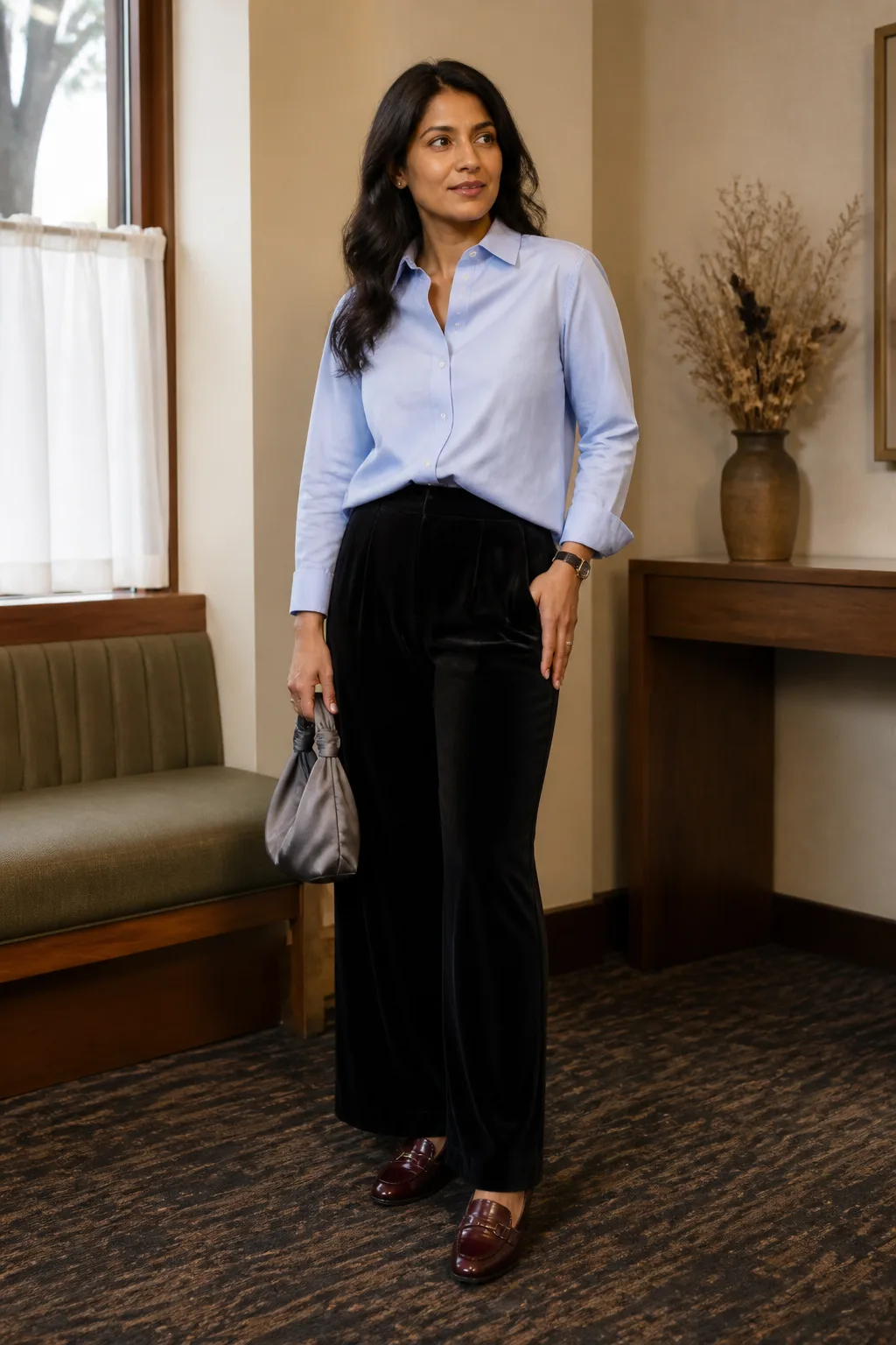 Button-Front Shirt with Velvet Trousers