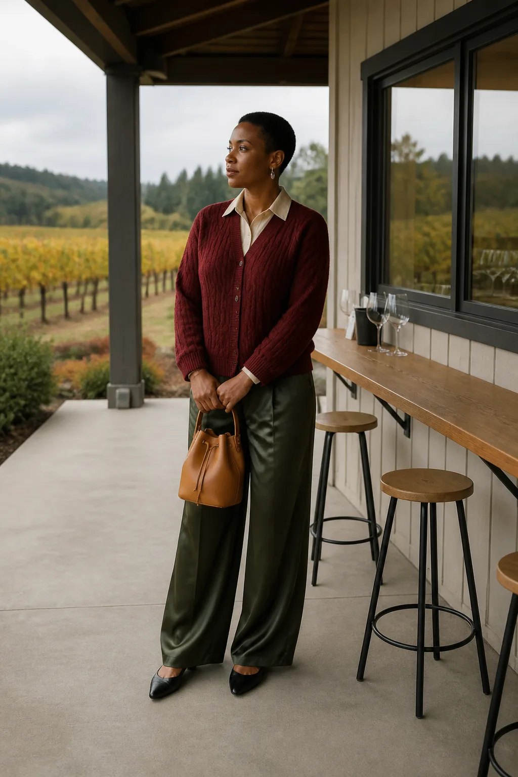 Cable Cardigan with Satin Trousers