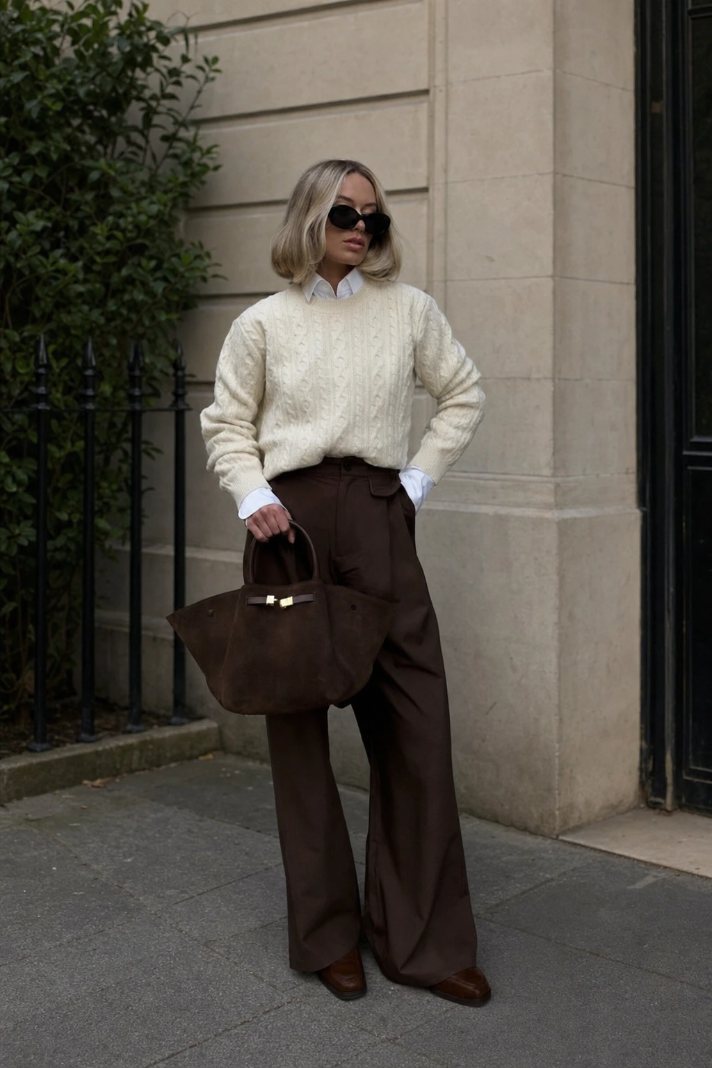 8- Cable-Knit Sweater and Pleated Pants